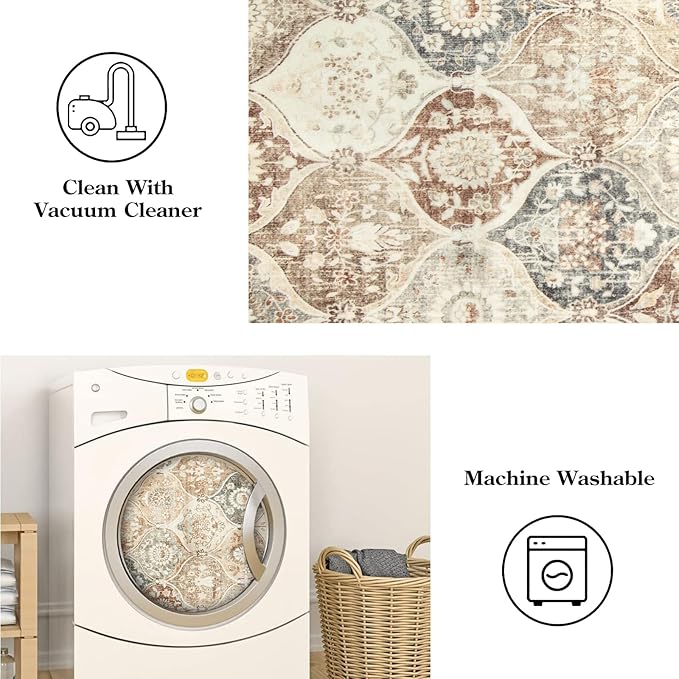 Lahome Moroccan Trellis Washable Small Area Rug, 3x5 Black Rug for Bedroom Living Room, Non-Slip Oriental Accent Throw Carpet for Kitchen Office Entryway Bathroom Office Elise, Khaki
