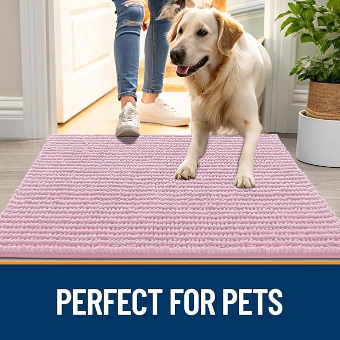 OLANLY Dog Door Mat for Muddy Paws 47x24, Ultra Absorbent Chenille Mud Doormat, Non-Slip Washable and Dirt Trapping Doormat for Indoor Entryway, Quick-Dry Indoor Pet Bed Mats for Dogs, Dusty Rose