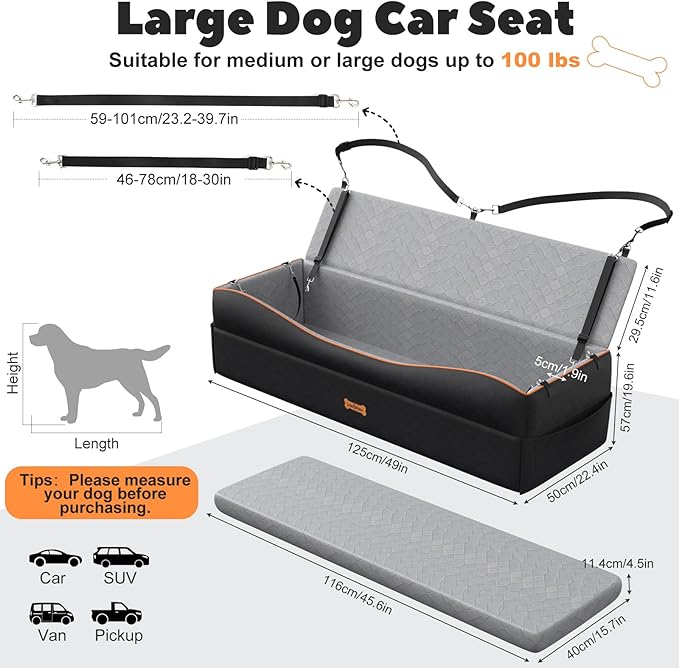 Car Seat for Large Dog, Dog Booster Seats for 2 Medium or 3 Small Dogs Under 100Lbs, Pet Car Seats with 2 Safety Leashes, Dogs Sofa Bed Cushion Add Thick Sponge, Pet Cars Carrier for Travel