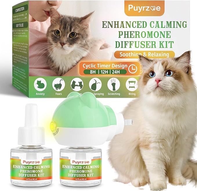 Cat Calming Diffuser with Timing Function, 3-in-1 Cat Pheromones Calming Diffuser Kit, 60-Day Anxiety Relief, Stress Relaxation Cat Pheromone Diffuser for All Cats (1 Diffuser + 2 Refills)