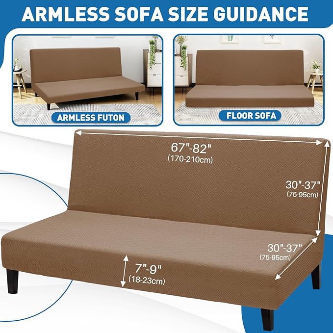 ZNSAYOTX Stretch Fit Futon Cover (67"-82") Armless Futon Sofa Bed Slipcover with Elastic Band, Universal Foldable Sofa Mattress Protector Full Queen Size, Washable Comfort Jacquard (Light Coffee)