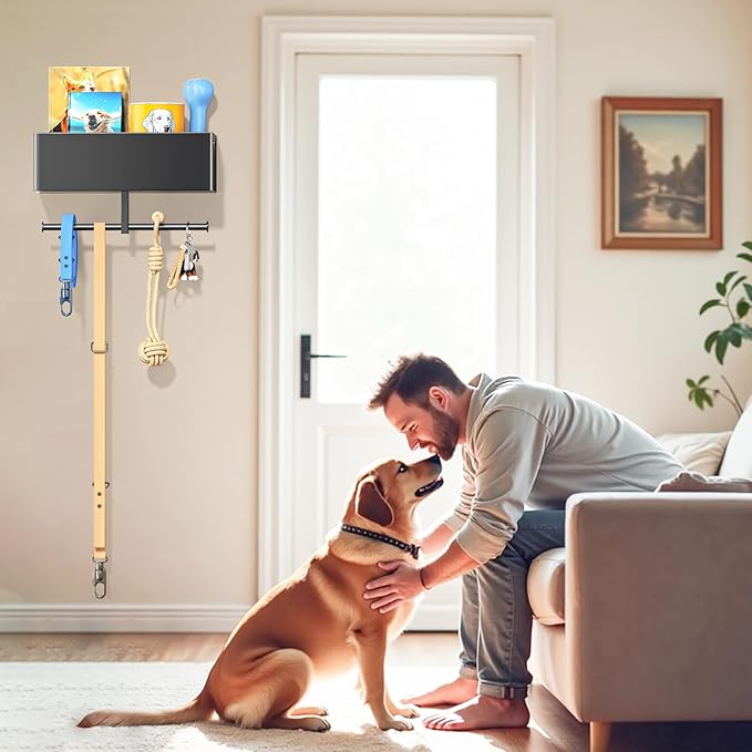 Dog Leash Holder for Wall, Dog Leash Hook, Black Leash Hanger, Dogs Leash Organizer for Pet Accessory Storage, Wall Mounted Key Holder, Dogs Stuff Storage Rack for Pet Poop Bag, Collar, Toy