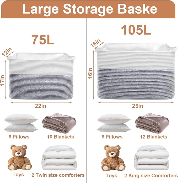 75L Large Blanket Basket, Rectangular Cotton Rope Basket, Laundry Hamper for Blankets, Pillows, Extra Large Toys Storage Bins for Kids, Dogs 22" x 17" x 12", White & Gray