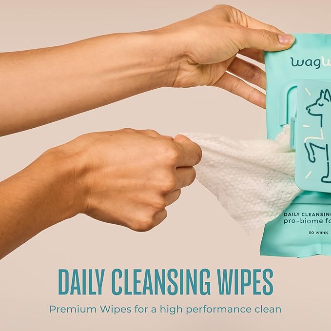 WagWell Daily Cleansing Dog Wipes - Hypoallergenic, Fragrance Free, Microbiome-Friendly Grooming Wipes for Dogs - 50 Count
