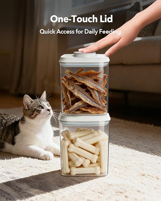 EQI Dog Food Storage System with One-Touch Lid & Scoop, Mixed Size Set (2.8 QT / 2.65 L & 4.2 QT / 4.0 L) Cat Food Storage Container，Stackable Durable PET for Kibble, Treats & Complete Feeding