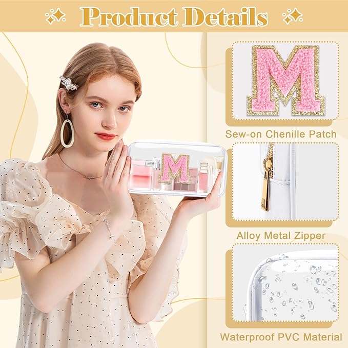 Personalized Initial Letter Clear Makeup Bag,Preppy Small Nylon&PVC Cosmetic Zipper Bag with Chenille Letter,Travel Skincare Toiletry Bag,Monogram Christmas Gift for Teen Girls Women,M