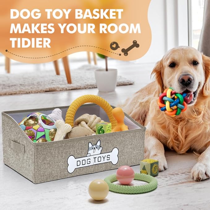 Mutiearo Dog Toy Basket, Collapsible Dog Toy Box with Handle, Perfect for Storing Pet Toys and Accessories (Light Khaki)