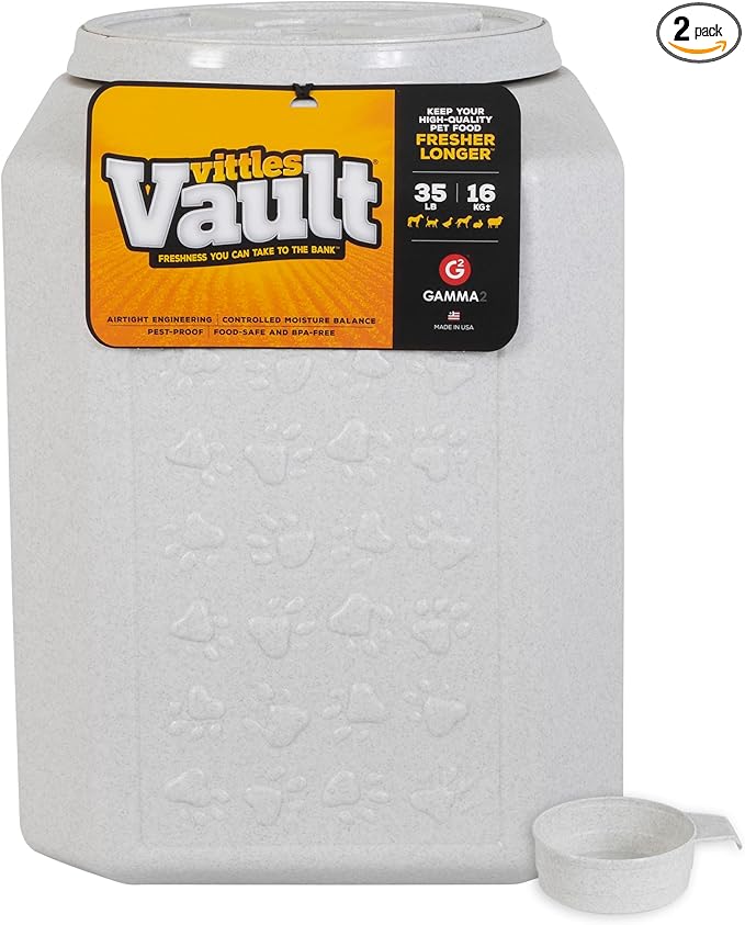 Vittles Vault Traditional Pet Food Storage Container For Dog Kibbles/Bird Seed/Oatmeal/Rice/Flour/Cereal, BPA Free Plastic, Sealed Airtight For Cat Food, Up To 35 lb, Made in USA, With Scoop, Gray