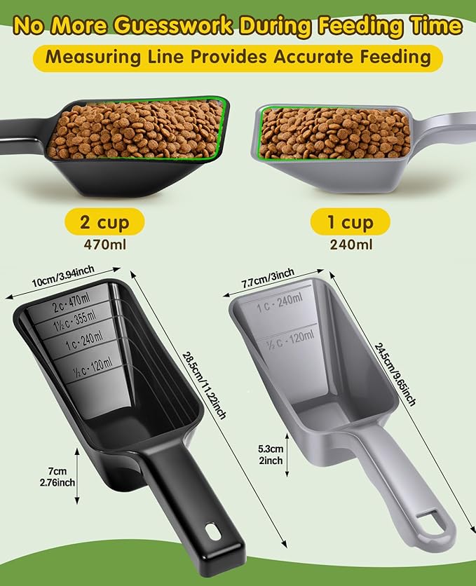 GNEOCO 2 Pack Dog Food Scoop with 1 Cup and 2 Cup Capacity, Plastic Pet Food Measuring Scoops with Clear Measurement Lines for Dogs, Cats & More,Dishwasher safe (Grey and Black)