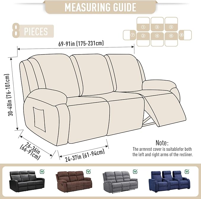 TAOCOCO Recliner Sofa Covers 8-Pieces Stretch Large Couch Covers for 3 Seats Reclining Slipcovers Soft Jacquard Pattern Furniture Protector (Beige)