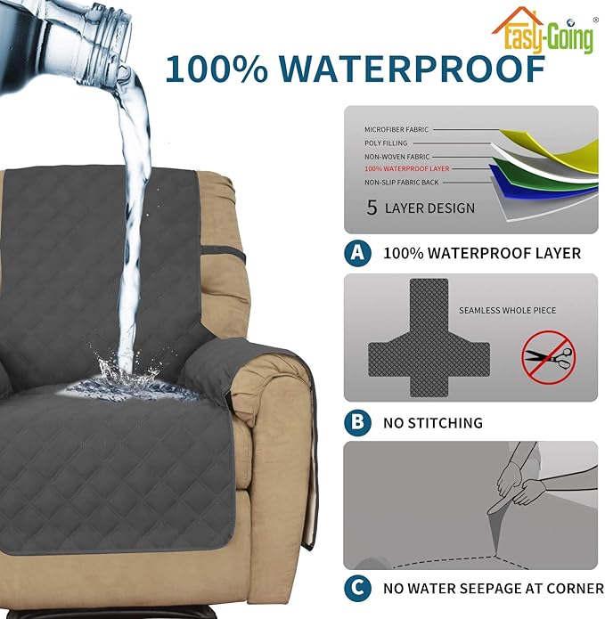 Easy-Going Sofa Slipcover Waterproof Recliner Chair Cover Non-Slip Fabric Couch Cover for Living Room Washable Furniture Protector for Pets Kids Children Dog Cat (Recliner, Dark Gray)