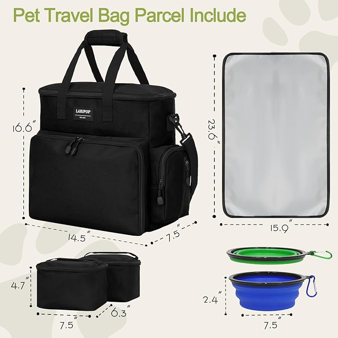 LARIPOP Dog Travel Bag, Airline Approved Tote, Multi-Function Dog Bags for Traveling, Includes 2 Collapsible Bowls, 2 Food Storage Containers, 1 Feeding Mat, Black