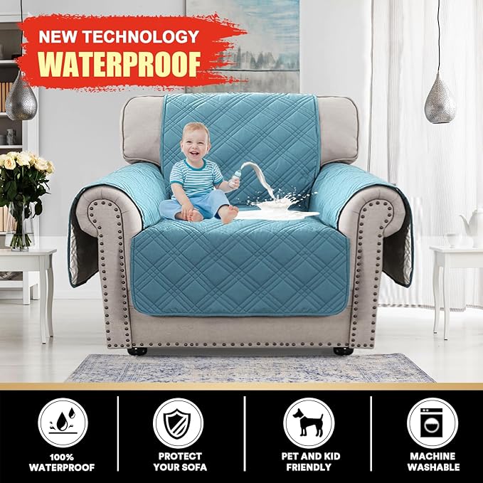 PrinceDeco 100% Waterproof Chair Sofa Slipcover for Living Room Water Resistant Couch Cover Furniture Protector Cover with Elastic Straps for Pets Kids Children Dog Cat(Chair 23", Smoke Blue)
