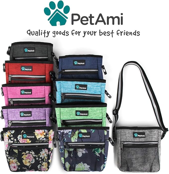 PetAmi Dog Treat Pouch, Pet Treat Pouch for Training, Dog Walking Bag Holder for Kibbles, Pet Food Toy, Dog Trainer Essentials Supplies, Poop Bag Dispenser, 3 Ways to Wear (Floral Black)