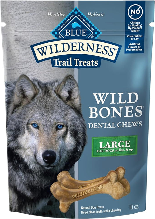 Blue Buffalo Wilderness Trail Treats Wild Bones Large Dental Chews, Grain-Free Dog Bones For Large Dogs Made with Natural Ingredients, 10-oz Bag