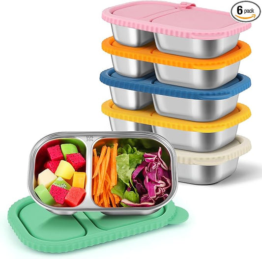 6 Pack Stainless Steel Snack Containers with Silicone Lids, Reusable Stainless Steel Food Containers Snack Box, 2 Compartment Meal Prep Containers for Lunch, Leakproof, Dishwasher Safe