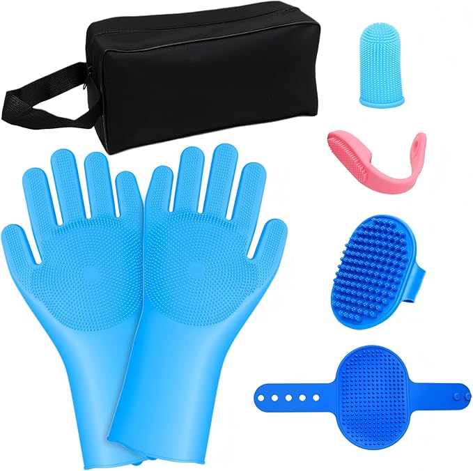 MIYIJHY 7-Piece Pet Grooming Kit with Storage Bag | Portable Bathing Set for Dogs & Cats | Includes Silicone Gloves, Deshedding Brushes & Finger Toothbrushes | All-in-One Pet Care (Ocean Blue)