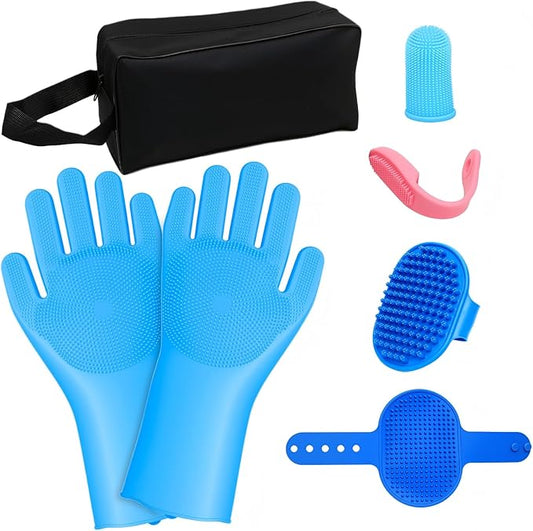 MIYIJHY 7-Piece Pet Grooming Kit with Storage Bag | Portable Bathing Set for Dogs & Cats | Includes Silicone Gloves, Deshedding Brushes & Finger Toothbrushes | All-in-One Pet Care (Ocean Blue)
