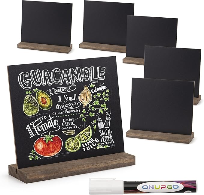 ONUPGO Chalkboard Signs - 5x6 Inch Double Side Mini Tabletop Chalkboard Sign with Stands, Set of 6 - Decorative Vintage Woode Chalkboard Table Signs Small Message Chalk Board Sign