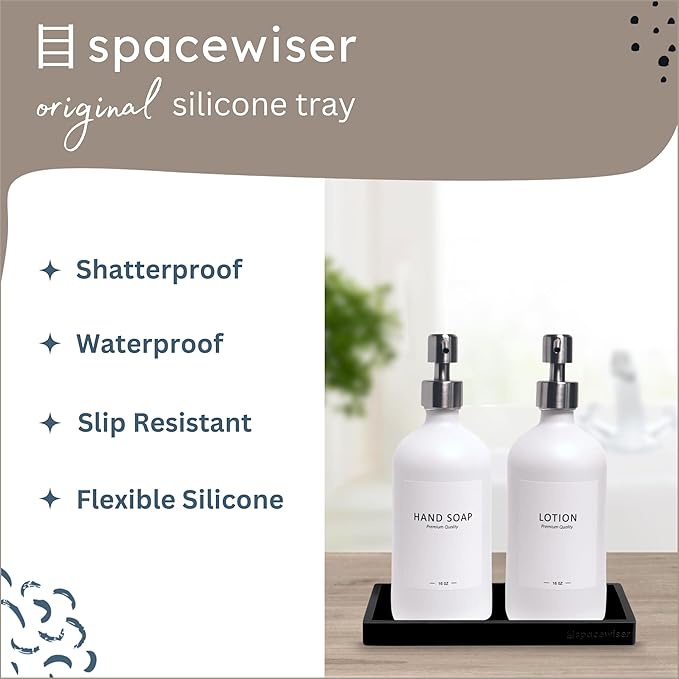 Spacewiser Countertop and Vanity Tray – Small 7.7” Silicone Tray, Soap Dispenser Trays, Bathroom Trays, Kitchen Soap Holder Sink Organizer Counter Caddy for Soaps Bottle Keys, Sponge Holder Dish Black