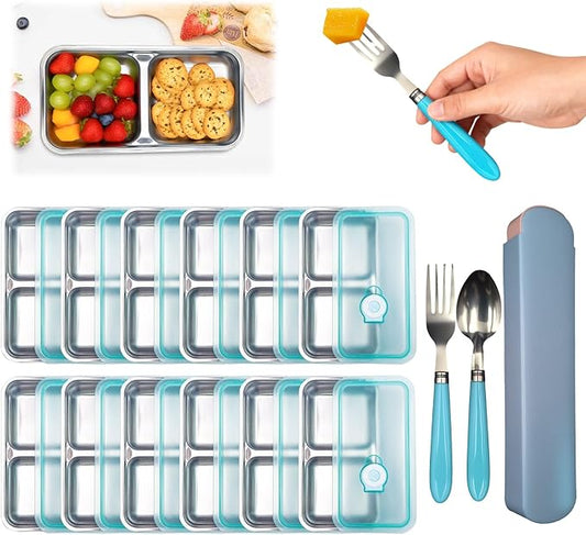 Grab and Go Snack Containers Stainless Steel Reusable, 12 PCS Stainless Steel Double Compartment Lunch Box, Metal Food Storage Containers, Home, Travel With a Set of Spoons and Forks