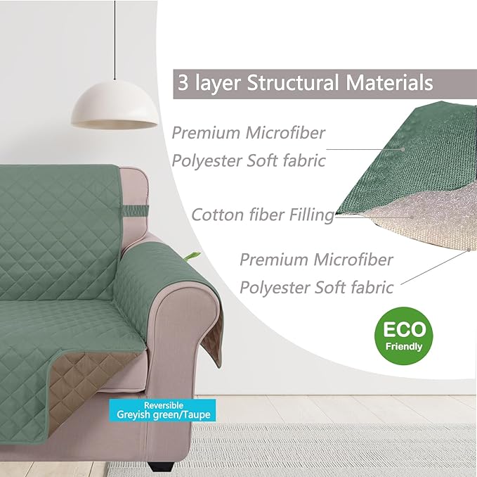 U-NICE HOME Recliner Chair Covers Reversible Chair Cover Pet Covers for Dogs with Elastic Straps Water Resistant Diamond Quilted (23''Armchair, Greyish Green/Taupe)