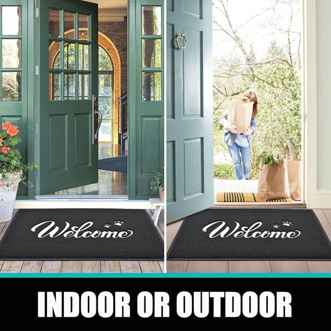 T.HENV Welcome Mat Outdoor, 2 Pack 30x17.5 Waterproof All-Season Front Door Mat Outside Entrance, All-Weather Quick Drying, Low Profile Doormat Indoor, Patio Porch Entryway Mat, Black-White