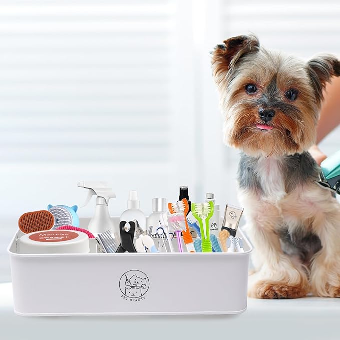 Premium 4-Compartment Dog Grooming Organizer,Metal Caddy for Pet Stuff with Handle-Powder Coated Storage Bin for Dog Cat Grooming Kit,Clippers,Brushes,Scissors & Supplies-White