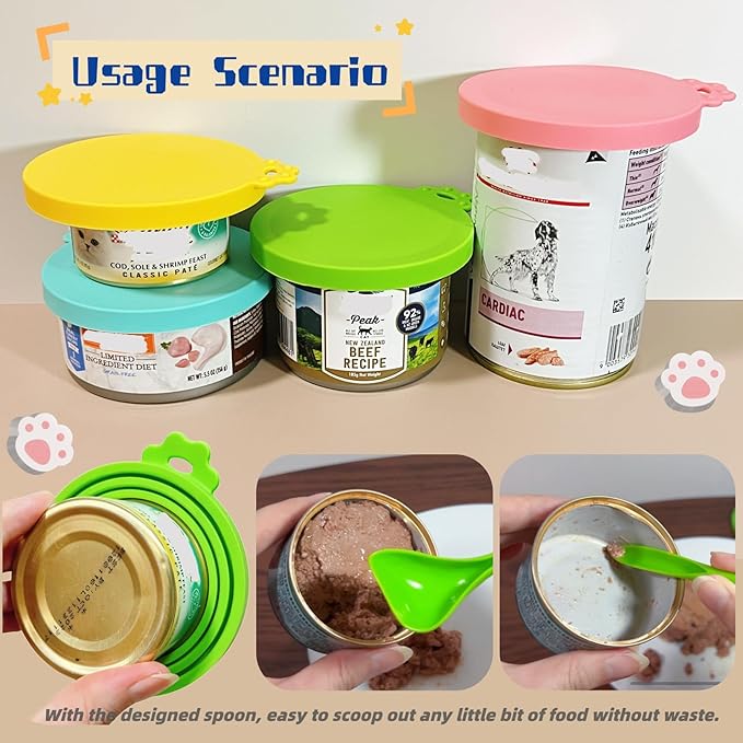 MoPawKT- Pet Food Can Covers Silicone Lids for 3-15 oz Cans, 3 Inner Diameters 2.6”/3”/3.4” Fit for Most Cat & Dog Food Cans/Tins, BPA Free, Reusable (set of 3 lids+1 spoon)