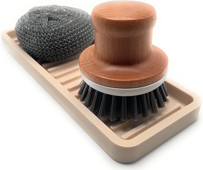 Happitasa Silicone Kitchen Sink Organizer Tray, Sponge Holder and Countertop Protector | Bathroom and Kitchen Soap Dish and Dispenser Tray (Sand Dollar, 9"x3.5")
