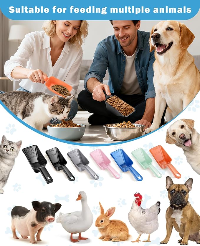 2-Pack Dog Food Scoop Set,1 Cup and 2 Cup Plastic Pet Food Measuring Scoops with Clear Measurement Lines,Multi-Purpose Pet Food Scooper for Dogs, Cats (Orange and Black)