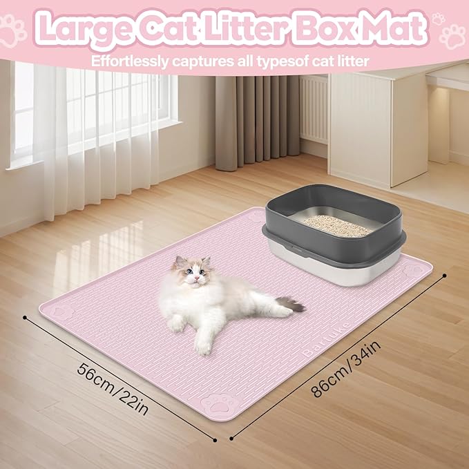 Bartuke Cat Litter Mat, Extra Large 34" x 22" Silicone Mat Litter Trapping Mat for Scatter Control, Soft on Kitty Paws, Easy to Clean (Pink)