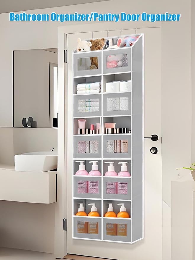 Over the Door Organizer Hanging- 10 Compartments, 80 lbs Load Behind Door Stuffed Animal Storage, Extra Large Toys Storage Organization for Bedroom, Bathroom, Nursery, Shoes, Diaper (grey)