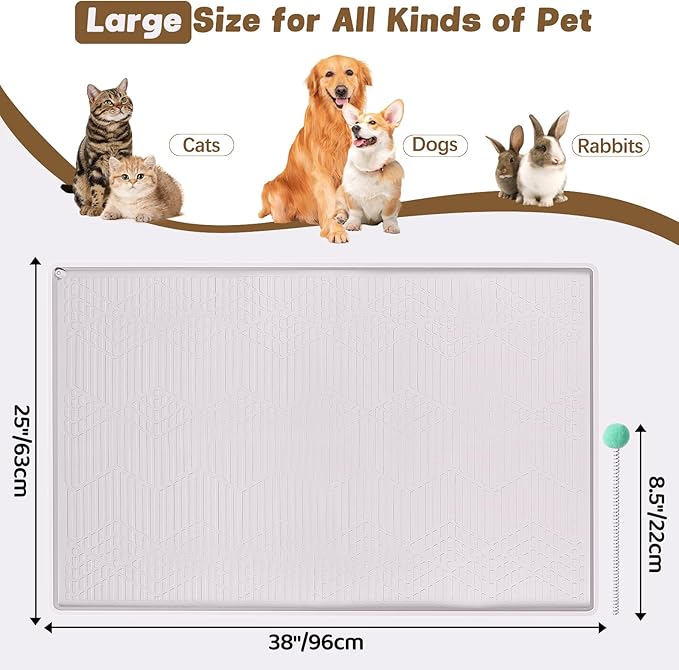 Cat Food Mat with Toy Ball, 38'' x 25'' Extra Large Silicone Pet Feeding Mat with Raised Edge Pet Placemat for Food and Water Bowl Non-Slip, Easy to Clean, Floor Protection (White)