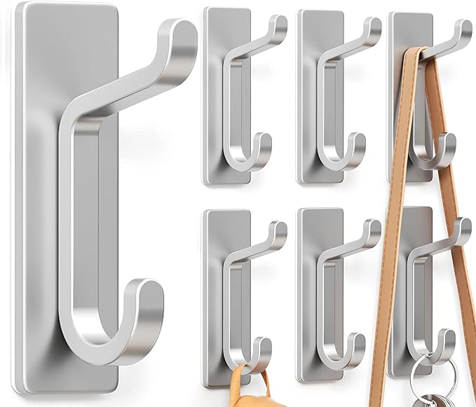pickpiff Wall Hooks for Coat and Towel: 13LB Adhesive Door Hanger Stick on, Silver 6 Pack