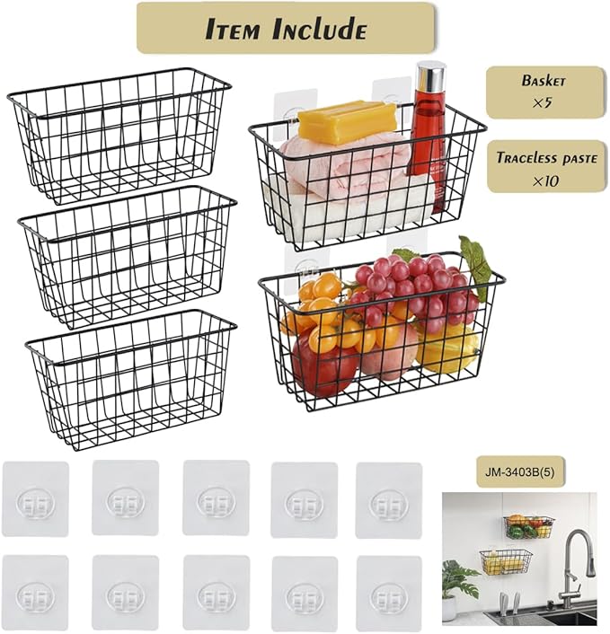 5 Pack Hanging Storage Basket, Bathroom Basket, Household Goods, with Traceless Tape, no Drilling, for Cabinet Storage, Kitchen, Bathroom, Storage Room,Black