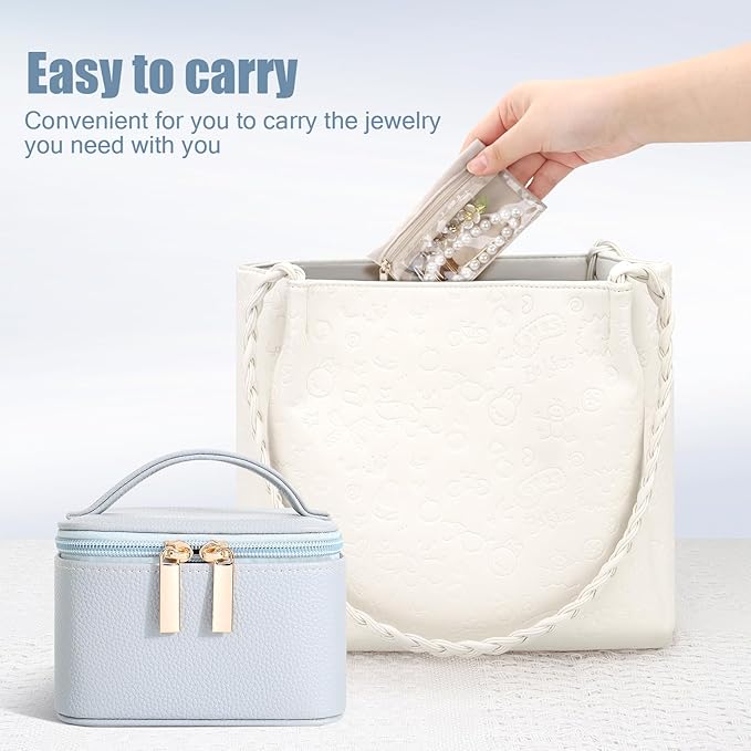DesignSter Small Jewelry Box, Travel Small Jewelry Organizer with Earring Tray and Ring Holder, Square Travel Jewelry Storage Case with 6 Velvet Jewelry Pouches, Blue Gray