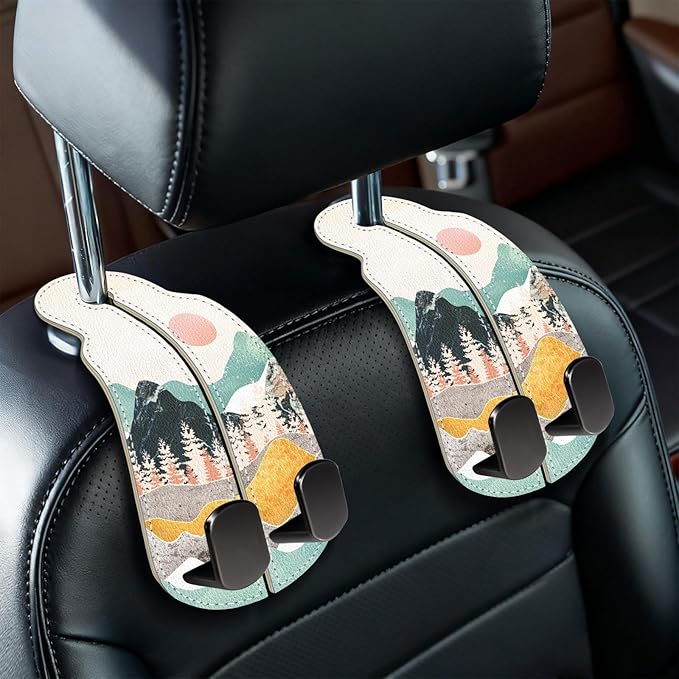 Blusabaca 2PCS Car Seat Back Storage Headrest Hooks, Sunrise Purse Holder Bags Hanger, PU Leather Double Metal Hook for Backseat Organizer, Women Car Accessories Organization