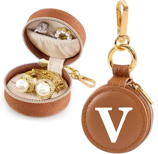 Mini Initial Travel Jewelry Case Ring Holder, Brown Faux Leather Small Jewelry Organizer Box Gifts for Women Girls Nurse Teacher, Gym Travel Accessories Keychain Pouch for Earrings Rings Necklace V