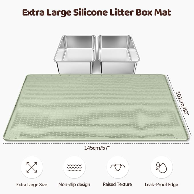 Bartuke Cat Litter Mat, XL Extra Large 57" x 40" Silicone Mat Litter Trapping Mat for Scatter Control, Soft on Kitty Paws, Easy to Clean (Green)