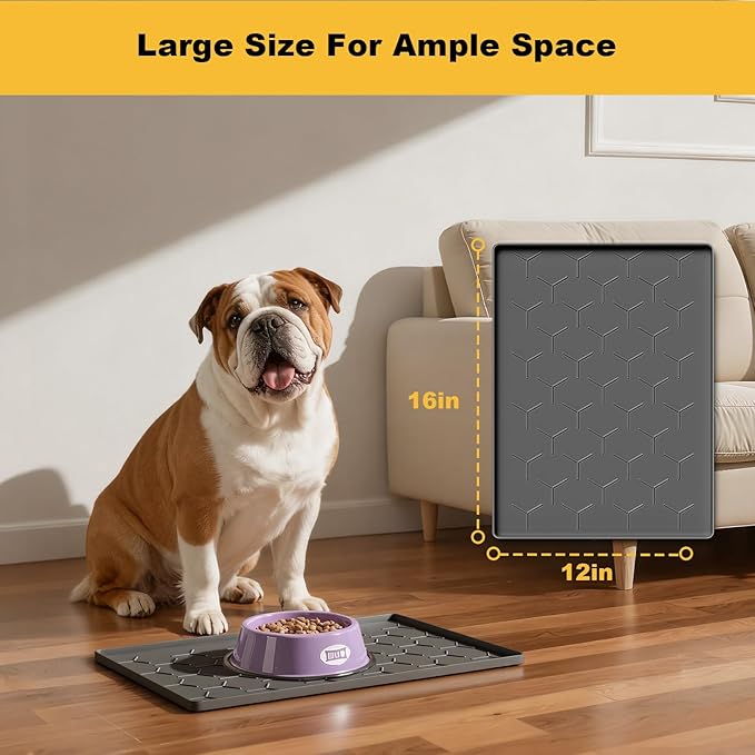 Pieviev Dog Cat Food Bowl Mat, Silicone Waterproof Food Grade Pet Food Mat for Floor, High Raised Edge to Prevent Spills, Non-Slip & Easy Clean Pet Placemat for Dog & Cat Bowls, 16''x12'', Dark Gray