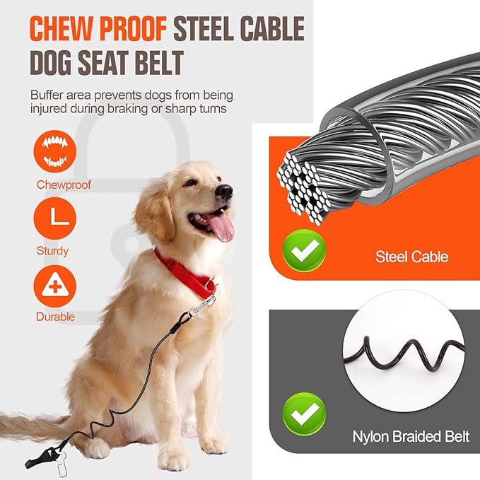 Seat Belt for Car, Chew Proof Leash 2 in 1 Steel Cable With Elastic Bungee Buffer Dog Seatbelt Harness Latch Bar Attachment Heavy Duty for Medium Large Dogs Chewer