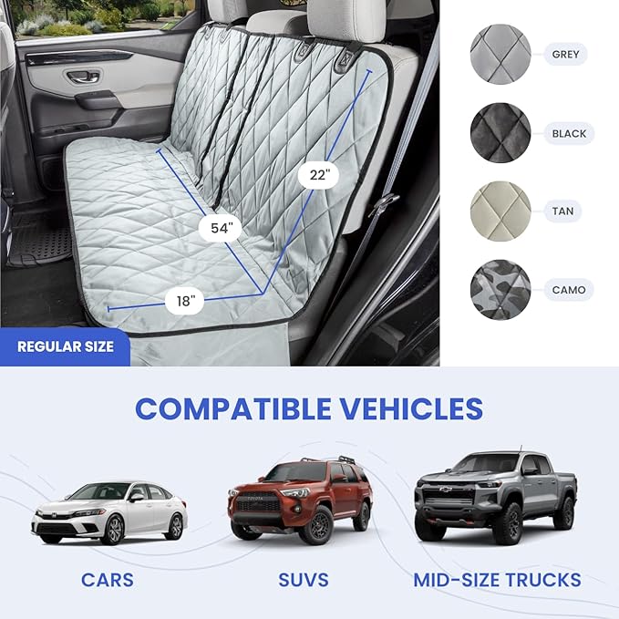 4Knines Dog Seat Cover for Back Seat, Heavy Duty Waterproof Rear Seat Protector for Small Trucks, SUVs, Cars - Fits 60/40 Split Bench with Middle Seat Belt, Non-Slip Dog Backseat Cover (Regular, Camo)