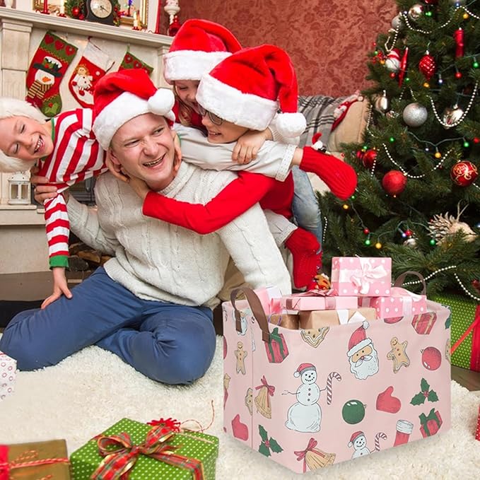 FXOCSHE Rectangular Christmas tree Basket,Pink Christmas,Nursery Hamper,Waterproof and foldable Christmas Tree Basket Baby Storage Bin,Toy Organizer,Boy and Girls New Year decor(Pink Christmas)