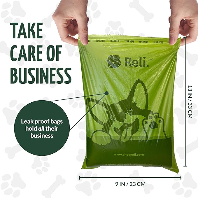 Reli. Biodegradable Dog Poop Bags w/Holder (360 Count - 24 Rolls) | 9x13" Large Dog Bags for Poop w/Dispenser | Green Eco-Friendly | Oxobiodegradable Pet Waste Disposal Refills (Unscented) (Pack of 2)