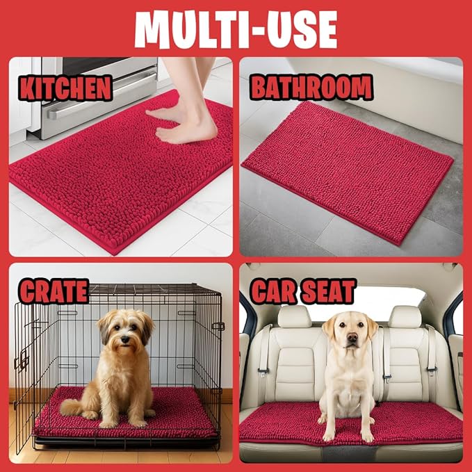 MudGuard Mat™ Dog Door Mat for Muddy Paws, Super Absorbent Microfiber, Non-Slip Indoor Mat, Quick Dry Chenille Mud Mat for Dogs & Entryway, Washable, Red 24" x 60"