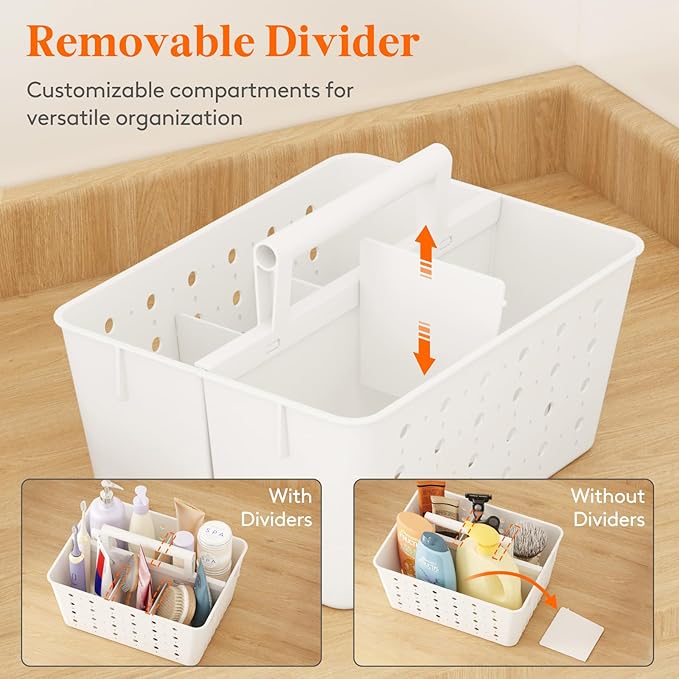 Lifewit Shower Caddy Portable, Plastic Bathroom Organizer with Handle and Holes, Hard Cleaning Basket for Toiletry Storage, College Dorm Essentials, White, 1 Pack