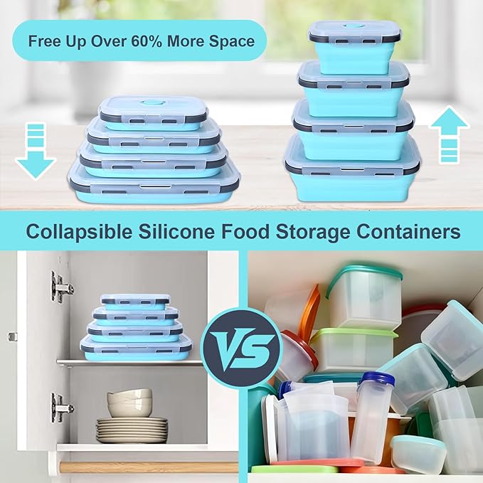 Collapsible Silicone Food Storage Containers with Lids, Collapsible Food Storage Containers, Camping Dishes,4 Pack Foldable Lunch Box for Leftovers, Meals, Snacks, Blue Gray Trim
