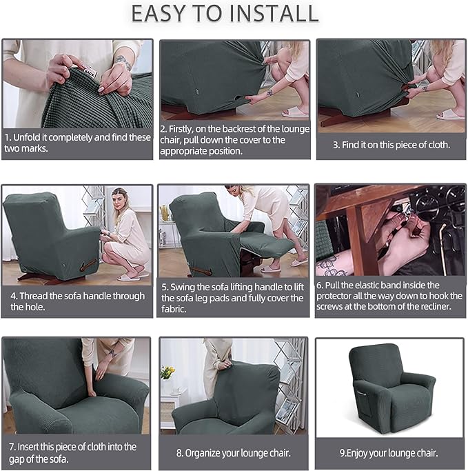 KEKUOU Recliner Chair Covers, Lazy Boy Recliner Covers Stretch Couch Cover Slipcovers 1 Piece Furniture Protector with Elastic Bottom for Dog,Kids.(Recliner, Grey)