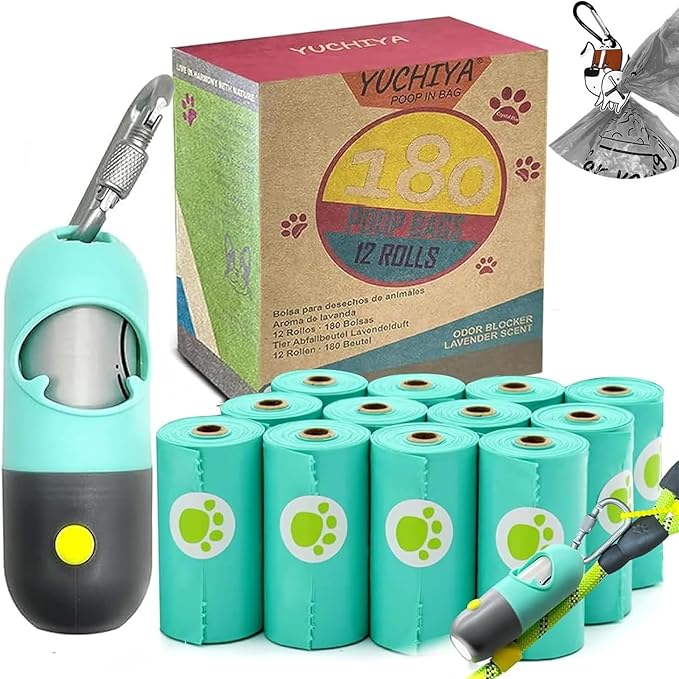 Dog Waste Bags Holder with LED Flashlight Doggie Poop Bags Dispenser with 13 Rolls Leak-Proof Pet Trash Bags Rechargable USB Cable (Mint Green)
